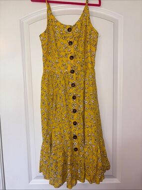 Yellow Floral Button-Front Midi Dress